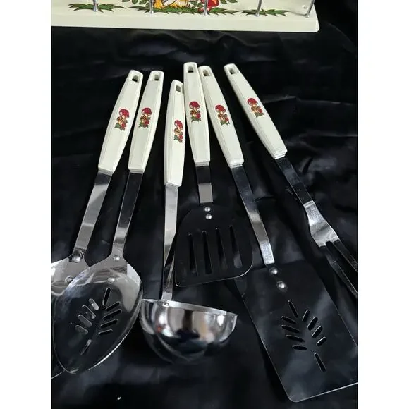 Sears Merry Mushrooms 7 Piece Kitchen Utensils Tool Set Wall Rack & Original Box